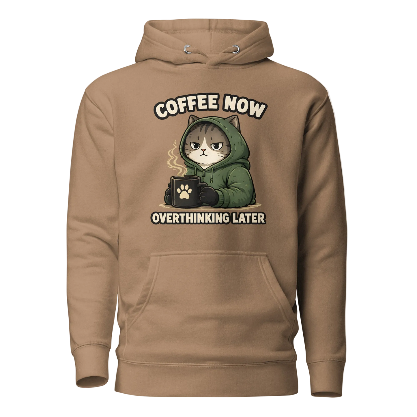 „Coffee Now, Overthinking Later“ džemperis su gobtuvu
