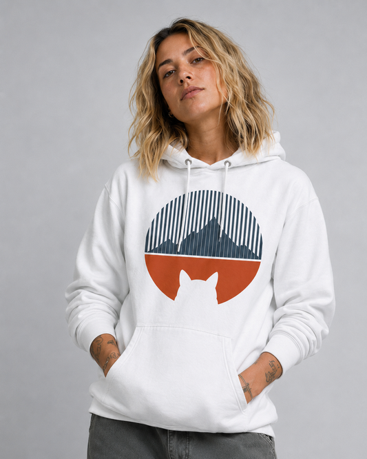 Color: White | Horizon Watch hoodie front Model 2