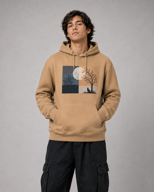 Color: Khaki | Moon Study hoodie front Model 1