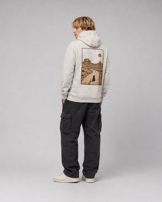 Color: Oatmeal Heather | Long Way Home hoodie back Model 4