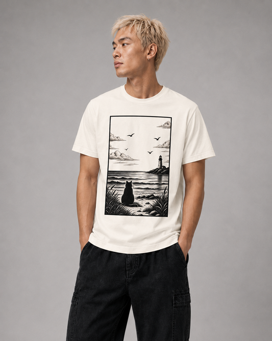 Color: Vintage White | Distant Shore tee front Model 2