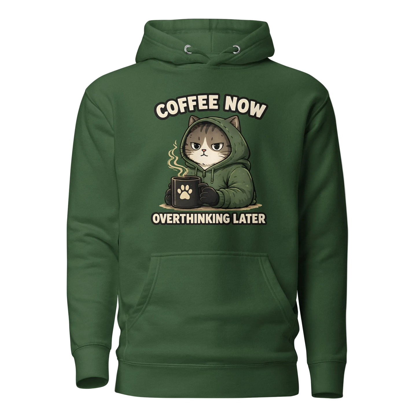 „Coffee Now, Overthinking Later“ džemperis su gobtuvu