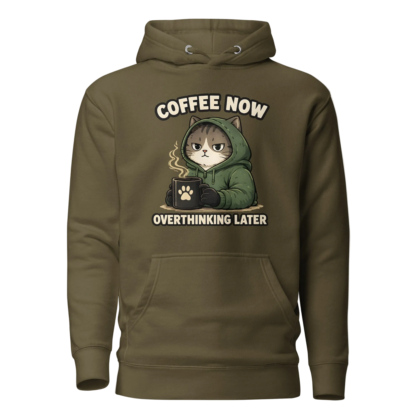 „Coffee Now, Overthinking Later“ džemperis su gobtuvu